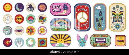 Groovige psychedelische Aufkleber Set. Retro funky Patches in verschiedenen geometrischen Formen mit Hippie-Partyelementen, Friedens- und Liebesmaskottchen innen, Hippie-Slogans und Emoji-Cartoon-Vektor-Illustration Stock Vektor