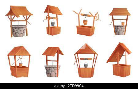Wasserbrunnen setzen Vektorillustration. Karikatur isolierte alte Trinkwasserquellen, ländliche Sammlung traditioneller alter Steinmauern und Holzdörfstrukturen mit Eimer an Seil und Kurbel Stock Vektor