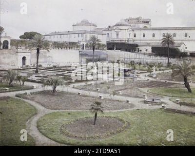 Rom, Italien Vatikanische Gärten, Religion, Habitat, Architektur, Palme, Palmeraie, Christentum, Park, Garten, religiöse Architektur, Gemüsegarten, Italien, Rom, in den Vatikanischen Gärten, Rom, 07.03/1921 - 07.03.1921, Léon, Auguste, Fotograf, 1921 Cap Martin, Italien, Cap Martin - Auguste Léon (Februar-April), Autochrome, Foto, Glas, Autochrome, Foto, positiv, Horizontal, Format 9 x 12 cm Stockfoto