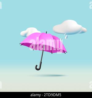 3D realistische Darstellung von rosa Regenschirm mit regnerischen Wolken am Himmel, isolierte trendige Komposition Stock Vektor