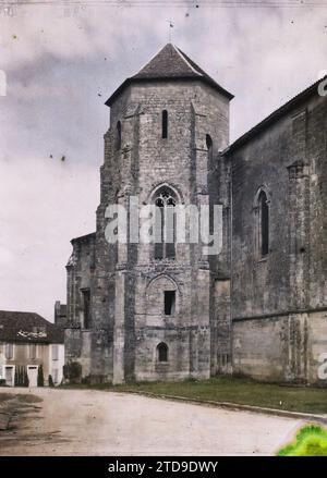 Saint-Macaire, Frankreich, Religion, Kunst, Habitat, Architektur, Kirche, Christentum, Glockenturm, Mittelalter, religiöse Architektur, Frankreich, St. Macaire ( Gironde ), Glockenturm, Saint-Macaire, 22/06/1920 - 22/06/1920, Cuville, Fernand, 1920-1921 - Charente, Gironde, Basse-Pyrénées, Hautes Pyrénées - Fernand Cuville, Autochrome, Foto, Glas, Autochrome, Foto, positiv Stockfoto