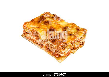 Italienische Lasagne mit Bolognesesauce und Hackfleisch. Isoliert auf weißem Hintergrund Stockfoto