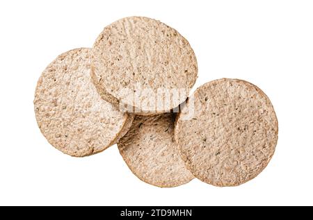 Ungekochte Burger Schnitzel aus pflanzlichem Fleisch, rohe vegane Patties isoliert auf weißem Hintergrund Stockfoto