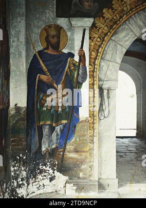 Das Kloster von Esphigmenou, Griechenland, Religion, Habitat, Architektur, Kunst, King, Queen, Christentum, Innenansicht, Kloster, gemalte Dekoration, Malerei, Heilige, religiöse Architektur, Berg Athos, Esphiguemenou, Gemälde des Eingangs zu Esphigmenou, Mont Athos, 10/09/1913 - 10/09/1913, Passet, Stéphane, Fotograf, 1913 - Balkan, Griechenland, Bulgarie - Stéphane Passet - (30. August-21. Oktober), Autochrome, Foto, Glas, Autochrome, Foto, positiv Stockfoto
