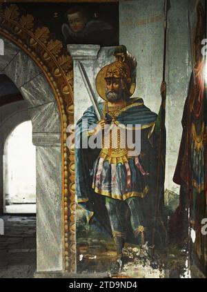 Das Kloster von Esphigmenou, Griechenland, Religion, Habitat, Architektur, Kunst, Christentum, Innenansicht, Kloster, gemalte Dekoration, Malerei, Heiliger, religiöse Architektur, Berg Athos, Esphiguemenou, Gemälde des Eingangs zum Kloster Esphiguemenou, Mont Athos, 14/09/1913 - 14/09/1913, Passet, Stéphane, Fotograf, 1913 - Balkan, Griechenland, Bulgarie - Stéphane Passet - (30. August-21. Oktober), Autochrome, Foto, Glas, Autochrome, Foto, positiv Stockfoto