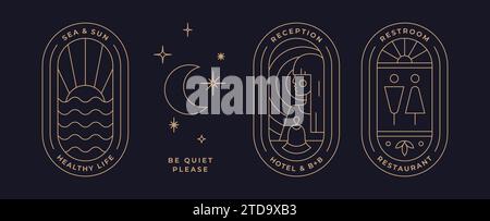 Set aus minimalistischer Strichart-Logo-Vorlage. Einfaches, modernes Design mit grafischem Logo für Marke. Meersonnenlandschaft, Rezeptionshotel, wc wc Toilette Toilette Toilette. Symbol für Sammelzeile. Vektorabbildung Stock Vektor