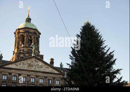 Amsterdam Niederlande 17. Dezember 2023 Palast am Damm und weihnachtsbaumpaleis, kerstboom, Stockfoto