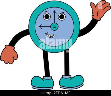 Happy Smiley Face Clown Uhr Figur Cartoon Stil Stock Vector.children, Schule, Augen, Kinder, Aufkleber, lächelnd, wach, Countdown, Konzept, Alarm. Stock Vektor