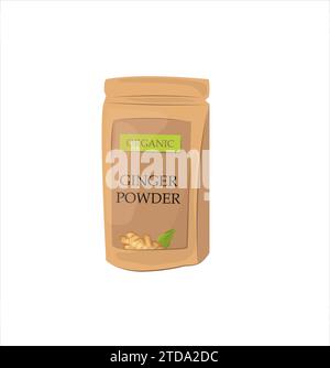 Getrocknetes Ingwerpulver in einer Packung. Ayurvedisches Heilmittel und Gewürz zum Kochen. Isolierte Zeichentrickvektor-Illustration. Stock Vektor