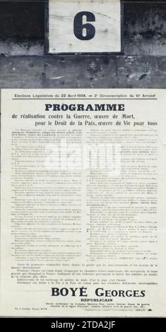 Paris, Frankreich Poster für die Parlamentswahlen vom 22. Und 29. April, Georges Boyé, Registrierung, Information, politisches Leben, Poster, Wahl, Einsetzung, rechte Partei, Frankreich, Paris, Wahlplakate (Georges Boyé), Paris, 21.04/1928 - 21.04.1928, Léon, Auguste, Fotograf, Autochrome, Foto, Glas, Autochrome, Foto, positiv, Vertikal, Format 9 x 12 cm Stockfoto