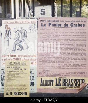 Paris, Frankreich Poster für die Parlamentswahlen vom 22. Und 29. April, S..F .I .O ., Registrierung, Information, politisches Leben, Kunst, Poster, Wahl, Einsetzung, Sozialismus, Kommunismus, Zeichnung, Frankreich, Paris, Wahlplakate (Sozialistische Partei, A. Le Brasseur), Paris, 21/04/1928 - 21/04/1928, Léon, Auguste, Fotograf, Autochrome, Foto, Glas, Autochrome, Foto, positiv, Horizontal, Größe 9 x 12 cm Stockfoto