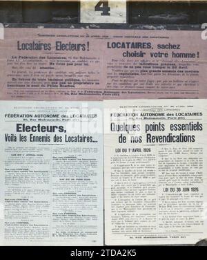 Paris, Frankreich Poster für die Parlamentswahlen vom 22. Und 29. April, Autonome Vereinigung der Mieter, Registrierung, Information, politisches Leben, Poster, Wahl, Amtsenthebung, Frankreich, Paris, Wahlplakate (Autonome Vereinigung der Mieter), Paris, 21/04/1928 - 21/04/1928, Léon, Auguste, Fotograf, Autochrome, Foto, Glas, Autochrome, Foto, positiv, Horizontal, Format 9 x 12 cm Stockfoto