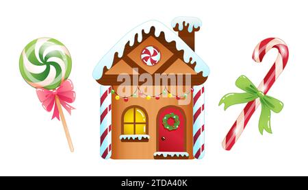 Set von niedlichen Weihnachtsvektor-Illustrationen von Zeichentrick Lebkuchenhaus und Lutscher. Handgezeichnetes Feiertags-Clipart Stock Vektor