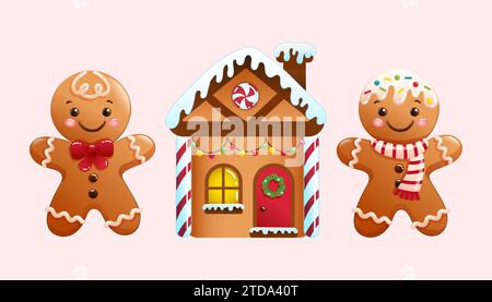 Set von niedlichen Weihnachtsvektor-Illustrationen von Zeichentrick Lebkuchen Männer und Haus. Handgezeichnetes Feiertags-Clipart Stock Vektor