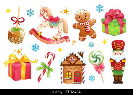 Set von niedlichen Weihnachtsvektor-Illustrationen. Weihnachtsclipart für Weihnachtskarten, Aufkleber und Druck Stock Vektor