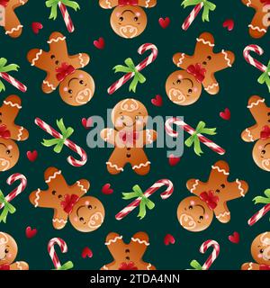 Nahtloses Muster mit niedlichen Zeichentrick-Weihnachtskuchenmännern und Zuckerrohr. Handgezeichnete Vektorgrafik. Stock Vektor