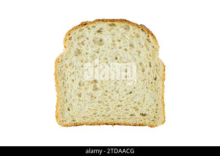Scheibe Toastbrot isoliert auf weißem Hintergrund, Draufsicht, flache Nahaufnahme Essen Stockfoto