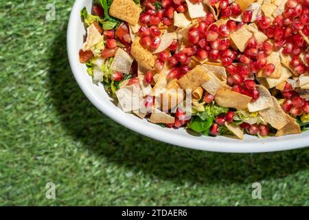 Fattoush Salat mit Granatapfel, Toast Brotsorten und Gemüse. Stockfoto