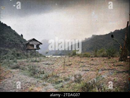 Provinz Hoa-binh, Tonkin, Indochina Ein Unterschlupf auf Stelzen auf einem Feld junger Maissprossen, zwischen Hoa-binh und Cho-Bõ, Natur, Umwelt, Wirtschaft, Architektur, Landschaft, Berg, Berg, Landwirtschaft, Vieh, Stelzen, Feld, ländliche Architektur, Indochina, Tonkin, von Hanoi nach Chobõ, Schwarzer Fluss, zwischen Hoabinh und Chobo, Ufer des Schwarzen Flusses, Corn Field, Cho-Bo, 06.03/1916 - 08.03.1916, beschäftigt, Léon, Léon beschäftigt Fotograf en en Indochine, Autochrome, Foto, Glas, Autochrome, Foto, positiv, Horizontal, Format 9 x 12 cm Stockfoto