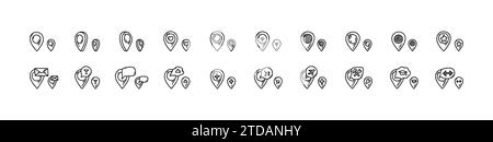 Positionsstift-Symbole festgelegt. Positionsmarkierung der Kritzelung. Sketch Restaurant, Fitnessstudio, Bar, Flughafen, Krankenhaus, Laden, Universität genau. Handgezeichnete gps-Navigation Stock Vektor