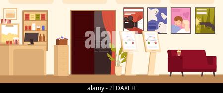 Kino mit Popcorn-Stand, 3D-Brillen Podium und Ruhebereich mit Sofa. Betreten Sie das Kino mit Vorhängen. Freizeit und Unterhaltung Stock Vektor