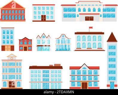 Flache öffentliche Gebäude. Medizinisches Zentrum der Schule und Regierungsgebäude. Kirche und Apartmenthaus, Architektur anständige Vektorelemente Stock Vektor