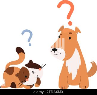 Katze und Hund lösen das Problem. Tiere denken, nachdenkliche Kätzchen und Welpen. Niedliche Zeichentrickfiguren, Haustiere verwirrten heute Vektorszene Stock Vektor