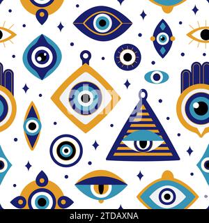 Evil Eye nahtloses Muster. Auge der Vorsehung, dekorativer spiritueller türkischer griechischer Schutztalisman-Stoffdruck. Anständiger Vektor-magischer Hintergrund Stock Vektor