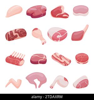 Cartoon-Elemente für Fleischprodukte. Metzgerei, Schweinefleisch und Rindfleisch in Scheiben geschnitten, Huhn oder truthahn. Isolierte Steakhouse-Rohzutaten, Farm-neoterische Vektorset Stock Vektor