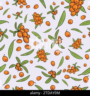Helles nahtloses Vektormuster für Geschenkpapier mit Sanddornbeeren auf einem Zweig auf einem hellen Hintergrund Stock Vektor