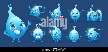 Wassertropfen. Niedliche emotionale Zeichen Wasser Maskottchen genaue Vektor Cartoon Illustrationen Set Stock Vektor