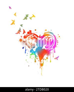 Farbiges Herz- und Vogellogo. Handzeichnung. Nicht AI. SstkLOVE . Alles Gute zum Valentinstag. Vektorabbildung Stock Vektor