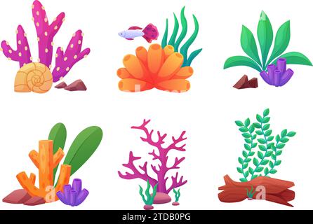 Cartoon Aquarium Dekorationen, Steine, Muscheln und Holz. Unterwasserzusammensetzungen, Algen und Meerespflanzen. Dekorative Elemente des Ozeans, heute Vektorset Stock Vektor