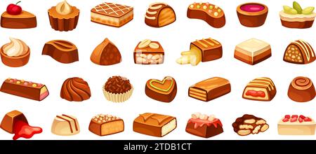 Handgemachte Schokoladenbonbons. Cartoon Schokoladen Süßigkeiten, Praline schwarze Dessert Kokosnuss Haselnuss oder Karamell, Obst süße Lebensmittel Trüffel Waffeln Block, neoterische Vektor Illustration von handgemachten Süßigkeiten Stock Vektor