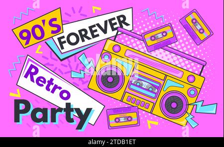 Zurück in die 90er Jahre Retro Party Poster, Schule Mode Pop Musik 90er 1980er Jahre, Geburtstag Karaoke Event Einladung funky Boombox Banner Hintergrund Design, saubere Vektor Illustration des Retro Party Posters Stock Vektor