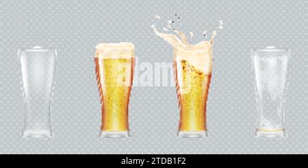 Verschiedene Pints Bier. Realistisches isoliertes Glas erfrischender Biere, Getränkespritsch für Werbung, Pint biere, transparenter Becher, Schaumbecher im Inneren Wirbel, volle und leere Gläser, anständige Vektor-Illustration Stock Vektor