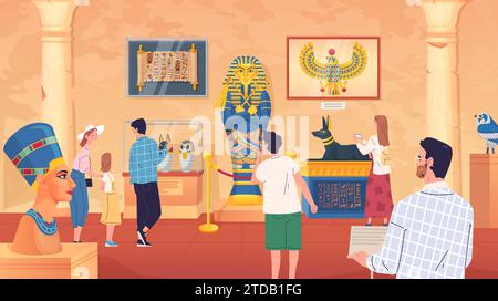 Menschen im ägyptischen Museum. Touristen besuchen ägypten Museen mit Mumien alten Kunstwerken Statue Pharao Grab, in kairo alte Geschichte Galerie Innere Karikaturvektor Illustration Museum mit Menschen Stock Vektor