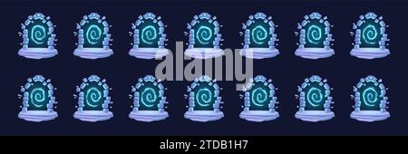 Portal-Animation. Animierte Spiralportale, Zeichentrick Teleport Vortex Energie fx Effekt Magie Macht Spritzen Reise in mystischer Dimension Sprite Blatt 2D Spiel geniale Vektor Illustration des Spiraleffekts Stock Vektor