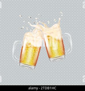 Realistische Toastbecher. 3D transparenter Bierbecher für Beifall fest, zwei Glasbecher erfrischende Biere mit Spritzwasser Schaum, Toast in Alkohol Pub, Getränkefrist, anständige Vektor-Illustration des Getränkeschaum Bechers Stock Vektor