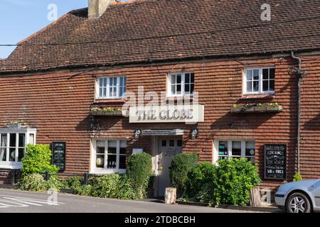 The Front of the Globe: Ein Pub aus dem 15. Jahrhundert mit Garten und Terrasse am Ufer eines kleinen Sees in New Alresford, Hampshire, Großbritannien Stockfoto