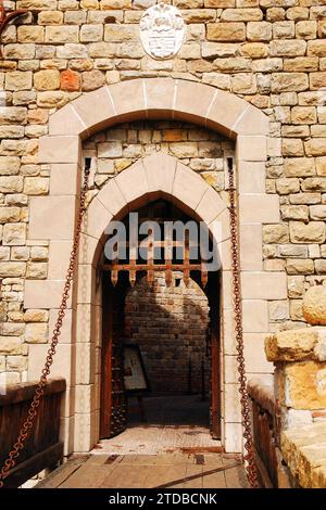 Der Eingang eines Weinguts ähnelt einer mittelalterlichen Burg mit einer Zugbrücke über einem Graben Stockfoto