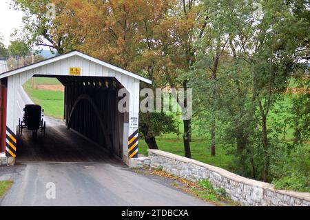 Ein Amish-Pferd und Buggy durchqueren eine überdachte Brücke im Lancaster County, Pennsylvania Stockfoto