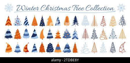 Zeichentrickset für Weihnachtsbäume. Silvester und Weihnachten traditionelle Symbolbäume, Kiefern Design für Grußkarte, Einladung, Banner Poster. Verschiedene Weihnachtsbaum abstrakte Hand gezeichnete Kritzelhölzer Vektor Stock Vektor