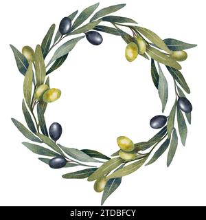 Kranz mit Aquarell-Olivenbaum-Zweig mit Blättern, grüne und schwarze Oliven Frucht isoliert auf weißem Hintergrund. Handgemalte Blumenabbildung Stockfoto