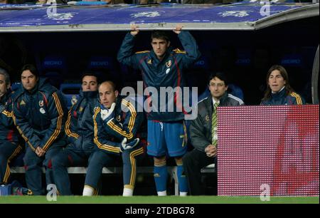 Madrid, 24.03.2007. Qualifikationsspiel zur Schweizer Euro 2008, das im Stadion Santiago Bernabéu zwischen der spanischen und der dänischen Mannschaft ausgetragen wurde. Im Bild die spanische Bank mit Xavi, Reina, Villa und Ramos. Foto: Ignacio Gil ARCHDC. Quelle: Album / Archivo ABC / Ignacio Gil Stockfoto