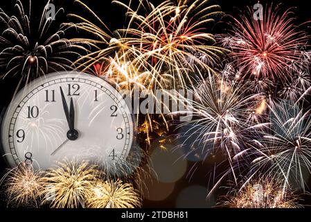 Ein gutes neues Jahr. Neujahrszähler mit Feuerwerk im Hintergrund. Stockfoto