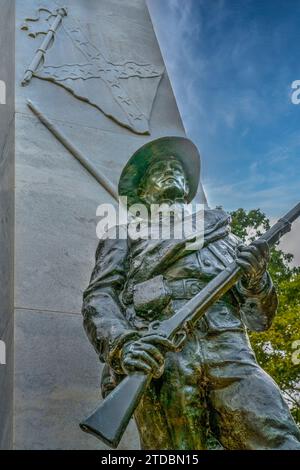 Soldatenstatue und Steinflagge am Confederate Memorial im Fort Donelson National Battlefield in Dover, Tennessee. Stockfoto