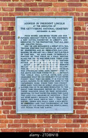 Lincoln’s Gettysburg Address Plaque am Hauptquartier des Fort Donelson National Cemetery in Dover, Tennessee. Stockfoto