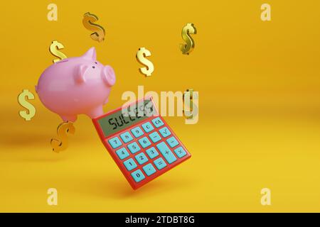 Taschenrechner mit dem Wort Erfolg auf dem Bildschirm neben einer Sparkasse und Dollarschildern mit Kopierraum. 3D-Abbildung. Stockfoto