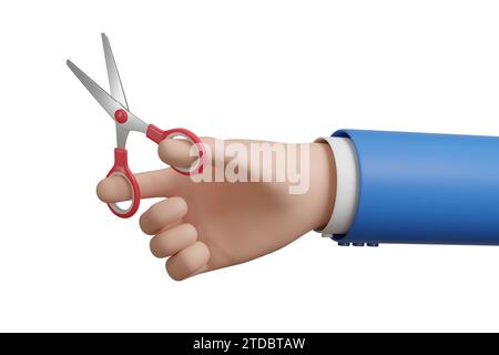 Cartoon Hand mit Schere isoliert auf weißem Hintergrund. 3D-Abbildung. Stockfoto